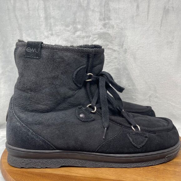 EMU Boots Mens 12 Black Suede Australian Sheepskin Lined Wallabee Style Juc Lo - Picture 2 of 16